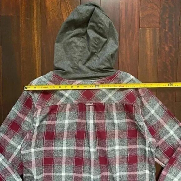 KOLBY Mens Flannel Shirt Button Up Shacket Hoodie Burgundy Grey Plaid Large - Picture 13 of 16